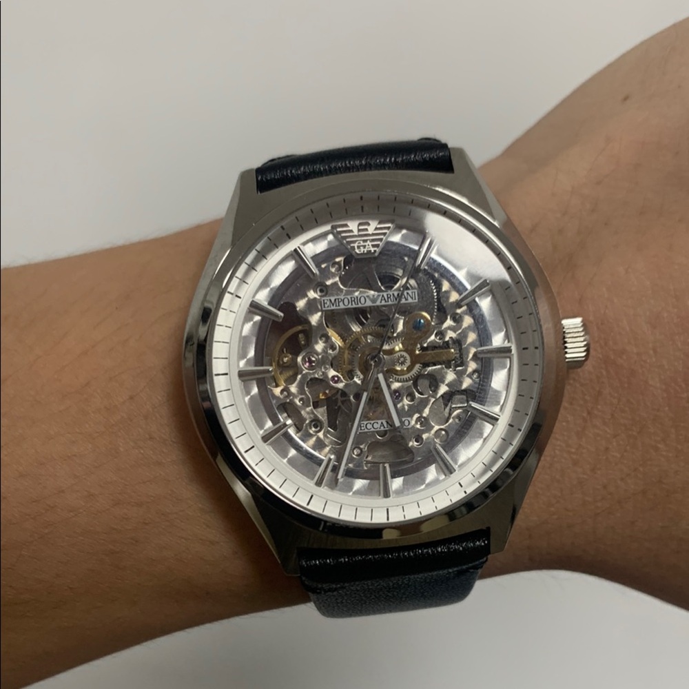 Emporio Armani Silver and Black Skeleton Watch